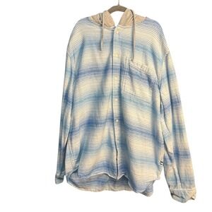 Edgar + Ash Hooded Button Up Shirt Drawstring Blue Stripe Long Sleeve Mens Large